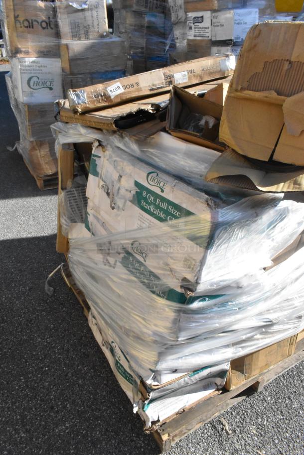 Pallet with 22 new scratch and dent items, including Choice 8 Qt. stackable chafers. Boxes slightly damaged, covered in plastic wrap.