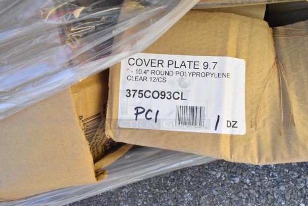 Brand new cover plate package, labeled "10.4-inch round polypropylene," scratch and dent condition, 12 per case.