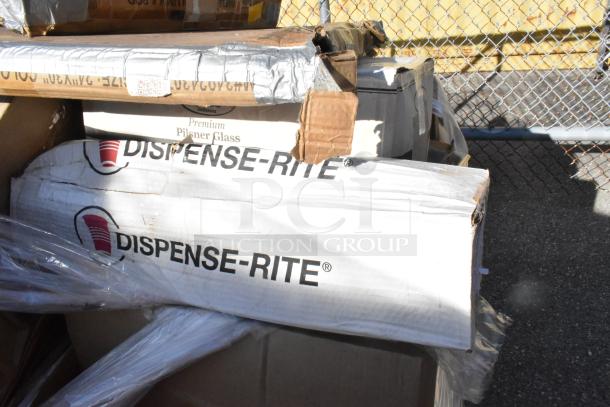 Boxed lot of 22 "Dispense-Rite" scratch and dent items, includes plate covers and chafers. Signs of wear on packaging.