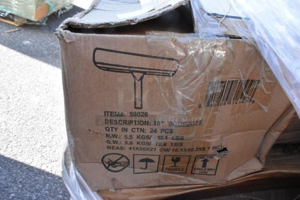 Cardboard box labeled with item number 59026, containing 24 pieces of 10" squeegees. Box shows shipping symbols.