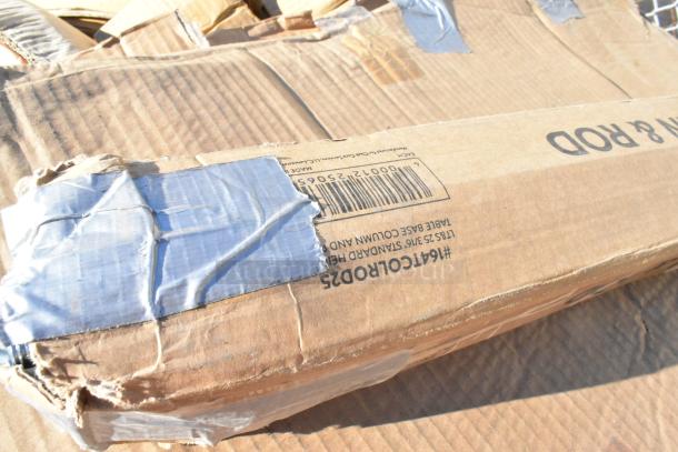 Cardboard box with duct tape, labeled #1647COLOR025, containing new scratch and dent items like plate covers and chafers.