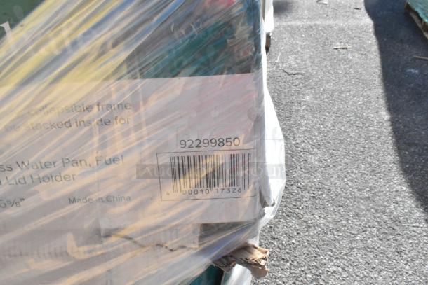 22 new scratch and dent items including plate covers, chafers; partially visible barcode (92299850), made in China.