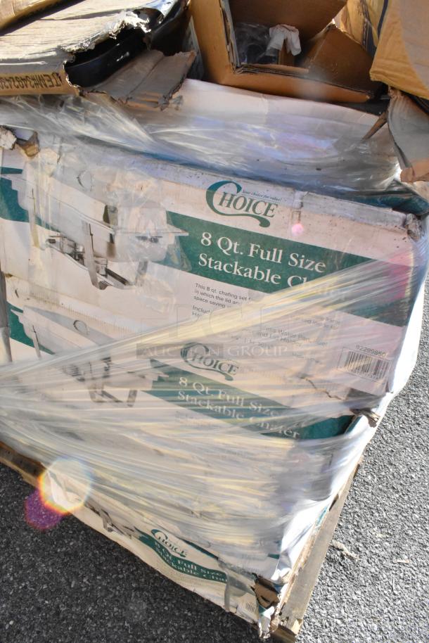 22 brand new items, including Choice 8 Qt. full-size stackable chafers, wrapped in plastic. Some wear on packaging.