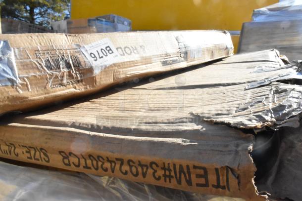 22 new scratch and dent items in worn packaging, including plate covers and chafers. Boxes labeled with size and item code.