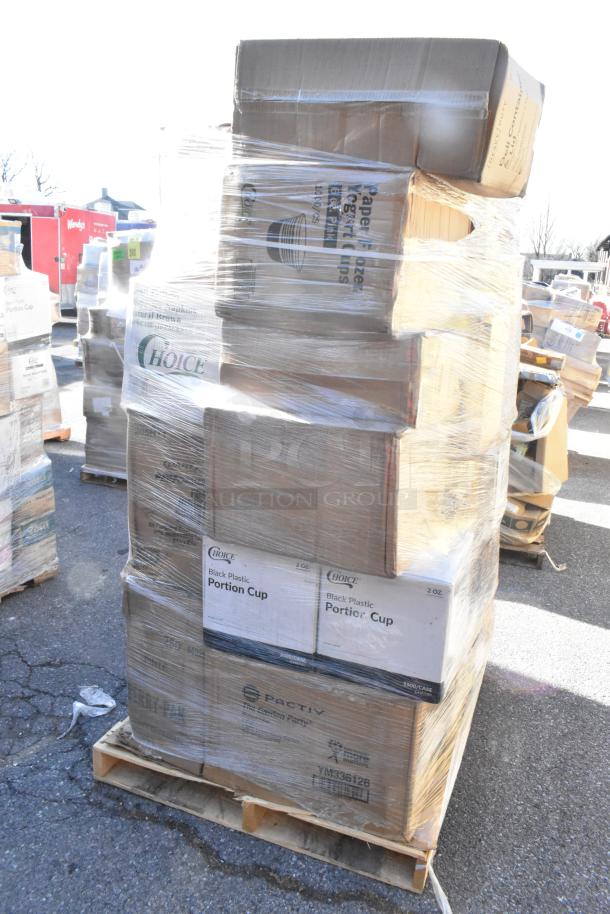 Pallet of 30 brand new items including berry baskets, food cups, container lids. Boxes labeled "Choice Portion Cup."