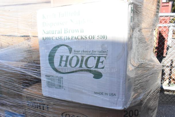 Box of Choice Kraft Tallfold Dispenser Napkins, Natural Brown, 8,000 per case, wrapped on pallet. Marked "Made in USA."