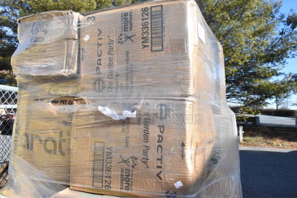 Boxes of Pactiv berry baskets, food cups, container lids wrapped in plastic. Labels show item details and condition as "scratch and dent."