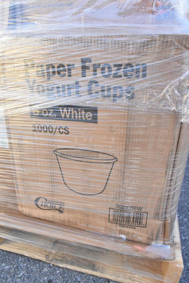 Pallet of 30 brand new scratch and dent items in wrapped boxes labeled "Paper Frozen Yogurt Cups, 6 oz White, 1000/cs."