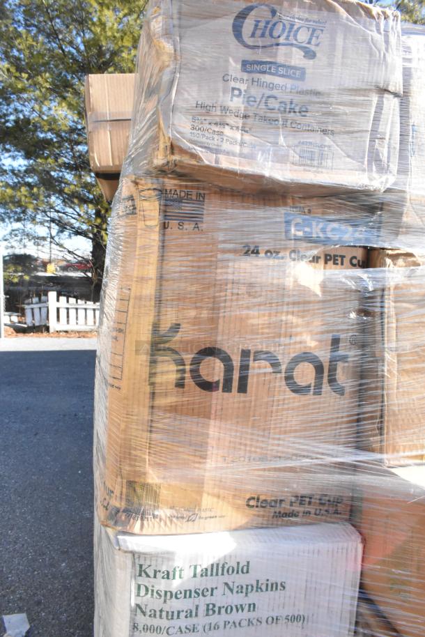 30 brand new items, including berry baskets and food cups, in packaging. Boxes labeled "Karat," "Choice," "Kraft Tallfold." 