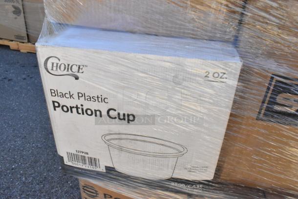 Box of Choice 2 oz black plastic portion cups, wrapped in plastic, part of auction lot of scratch and dent items.