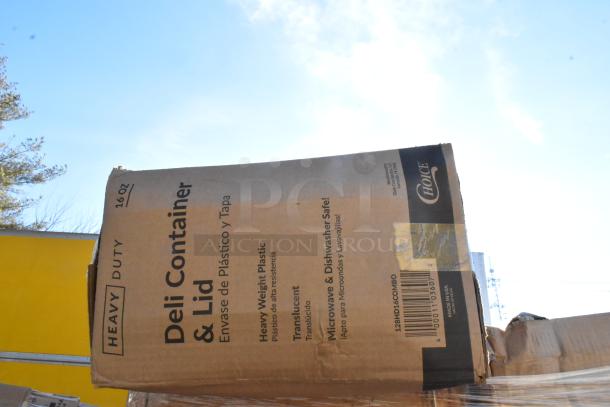 Cardboard box of 16 oz heavy-duty deli containers and lids, "Choice" brand, labeled microwave and dishwasher safe.