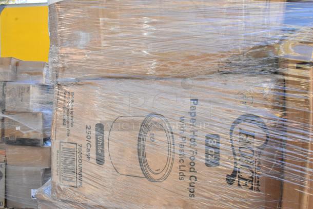 Pallet of boxed paper hot food cups with plastic lids, 8 oz, 250 per case, in shrink wrap. Branding indicates EnviroChoice.