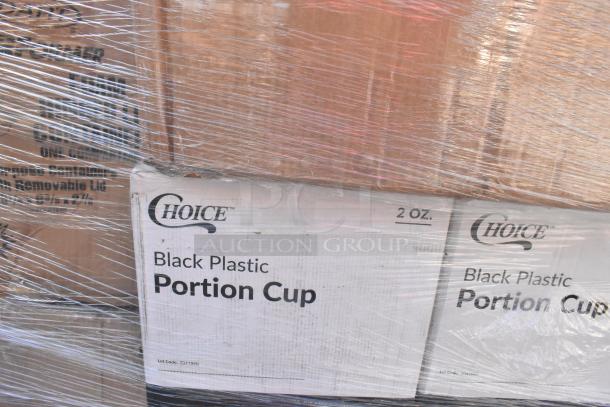 Box of Choice brand 2 oz. black plastic portion cups, wrapped in plastic. Includes various new scratch and dent items.