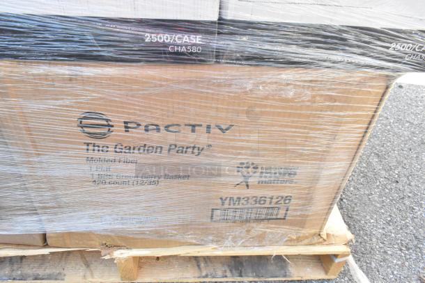 Cardboard box labeled "Pactiv The Garden Party," containing berry baskets; wrapped in plastic, indicating new scratch-and-dent items.
