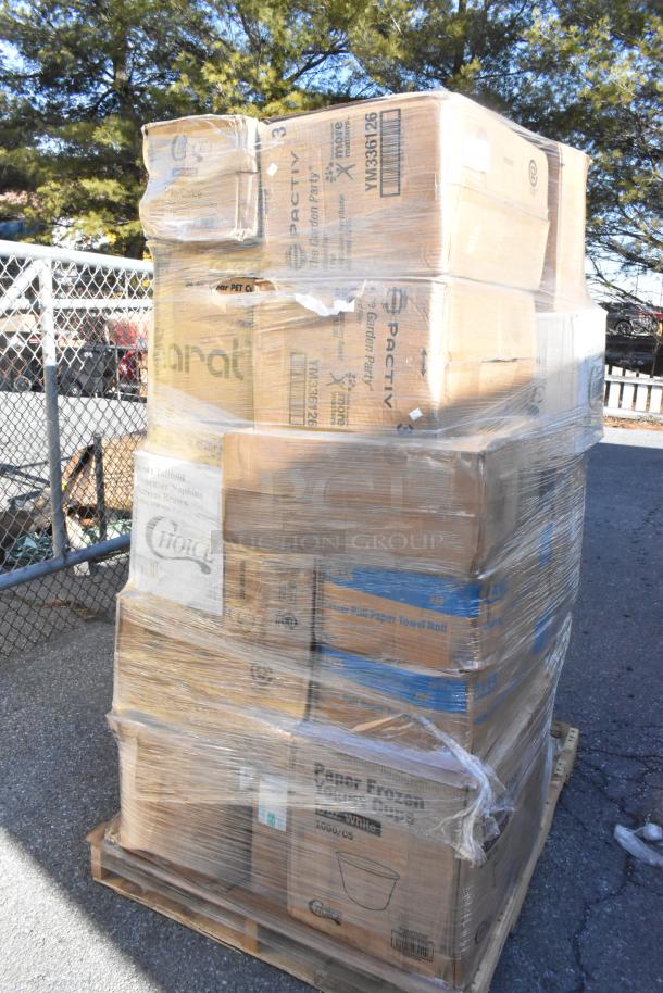 Pallet of shrink-wrapped boxed items labeled with brands like Pactiv and Chinet, including new berry baskets, food cups, and lids.