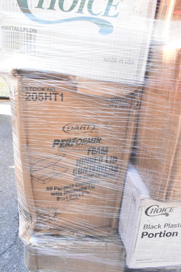 30 brand new items including berry baskets, food cups, and container lids. Boxes labeled Dart and Choice, stock no. 205HT1.