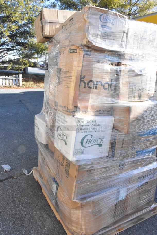 Pallet with wrapped boxes labeled Karat and Choice, containing new scratch and dent berry baskets, food cups, and container lids.
