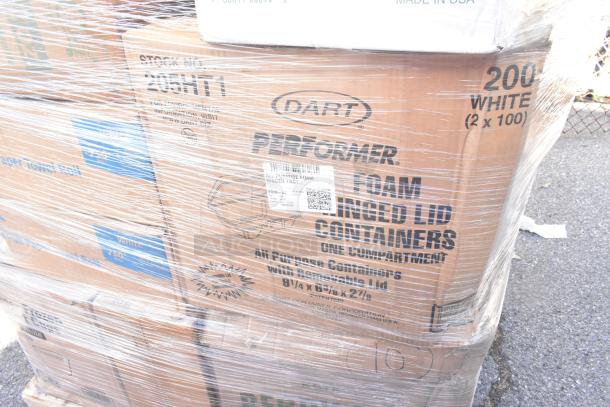 Boxes of Dart foam hinged lid containers wrapped in plastic. Labels show stock no. 205HT1, 200 containers per box. Brand new.