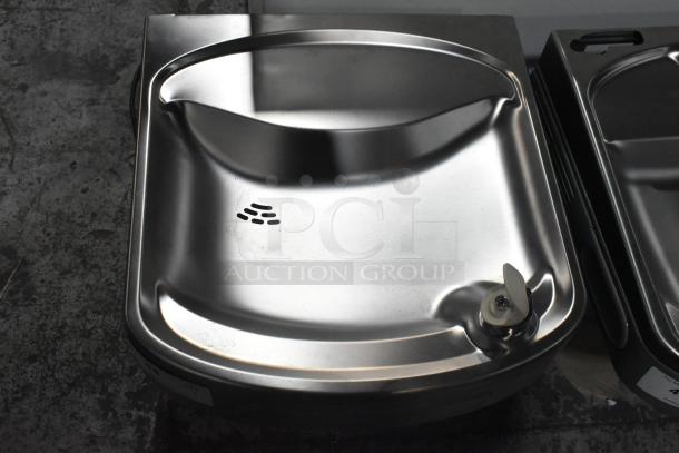Elkay EZFSB_1H metal wall mount water fountain, 115 volts, 1 phase, in good condition with visible drain design.