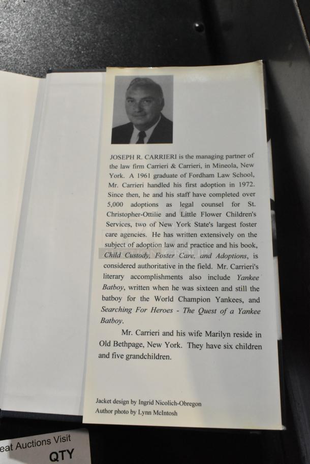 Book page featuring a biography of Joseph R. Carrieri, detailing his legal and literary accomplishments. Jacket design by Ingrid Nicolich-Obregon.