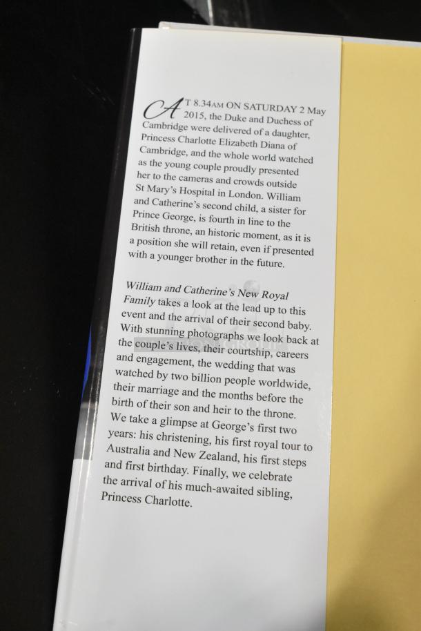 Alt text: Book cover featuring text about William and Catherine's new royal family, focusing on Princess Charlotte's birth.