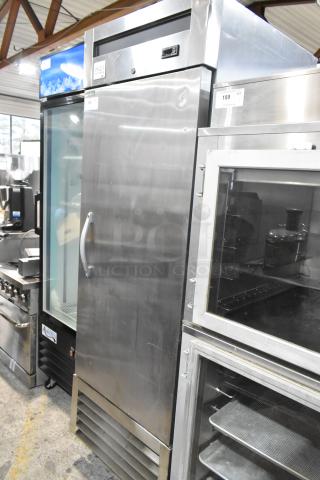 Ikon KB27F stainless steel single door commercial freezer, on casters, 115V, 1 phase, good condition, visible logo.
