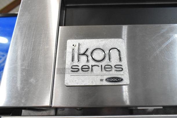 Ikon KB27F stainless steel single door reach-in freezer with commercial casters, 115V, 1 phase, Ikon series label visible.