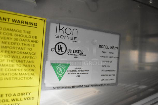 Ikon KB27F stainless steel commercial freezer label, UL listed, 115V, 1 phase, on casters. ANSI/NSF 7 certified.