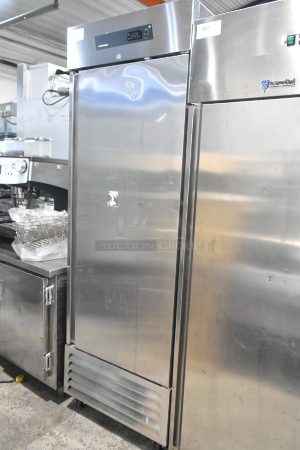 2023 Kutano KUTR1SS stainless steel commercial single door reach-in cooler, 115V, on casters, clean condition.