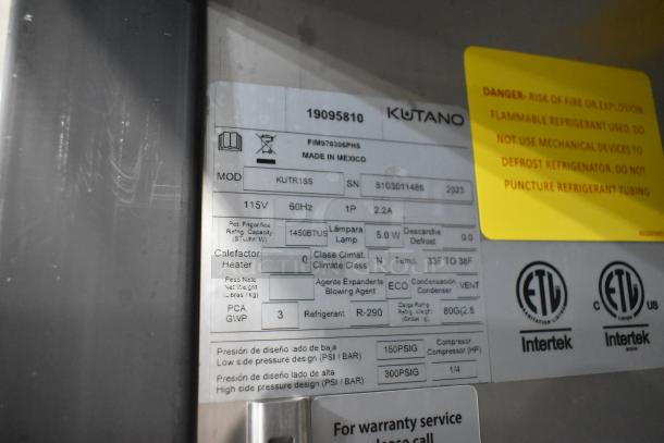 2023 Kutano KUTR1SS stainless steel commercial cooler label, 115V, 1 phase, model number details, safety warnings, ETL certified.