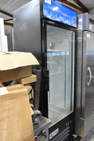 2022 Avantco 178GDC12FHCB single door cooler merchandiser with poly racks, commercial casters, in good condition.