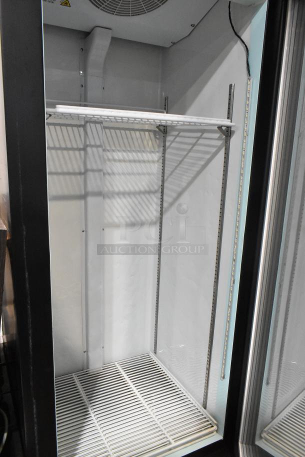 2022 Avantco 178GDC12FHCB single door reach-in cooler with poly-coated racks and commercial casters, 115V, 1 phase.