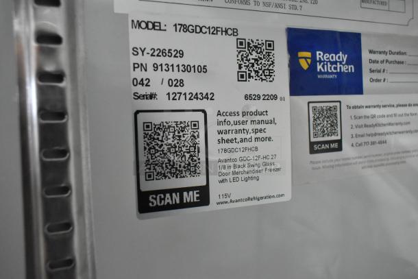 2022 Avantco 178GDC12FHCB commercial single-door cooler with poly-coated racks and commercial casters. Label shows model, serial number, and QR codes for product info and warranty.