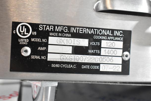 Star GX10IS stainless steel panini press, 120 volts, 1 phase, model info label shown, UL listed, made in China.