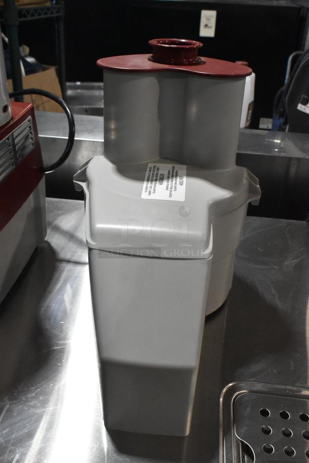 Robot Coupe R 2 Dice commercial food processor, brand new, with 3 Qt. gray bowl and continuous feed head. 120V, 1 Phase.