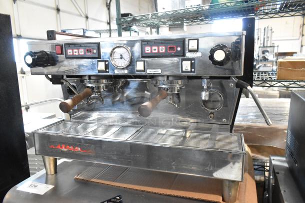 La Marzocco Linea 2-group stainless steel espresso machine with portafilters, steam wands, 208-240V, 1 phase, commercial use.