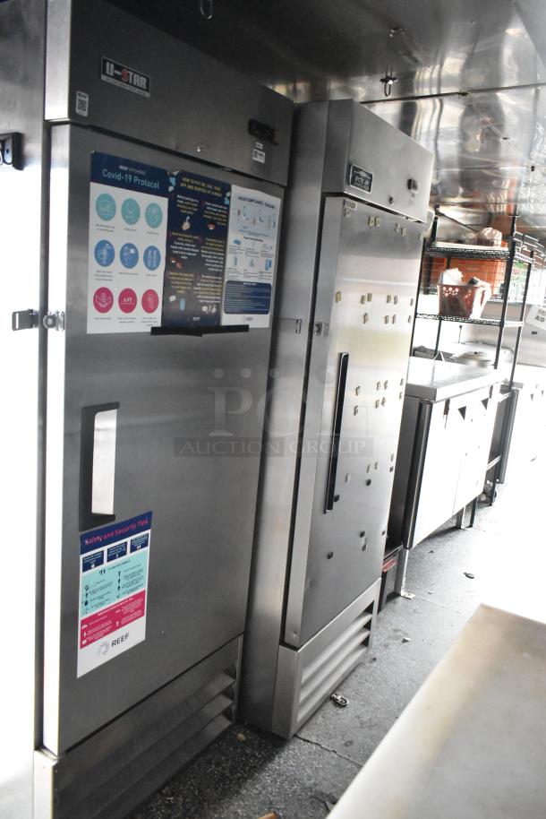 Fully equipped 24' mobile kitchen trailer with Atosa pizza prep table, coolers, Royal gas fryers, Winco griddle, and safety protocols.