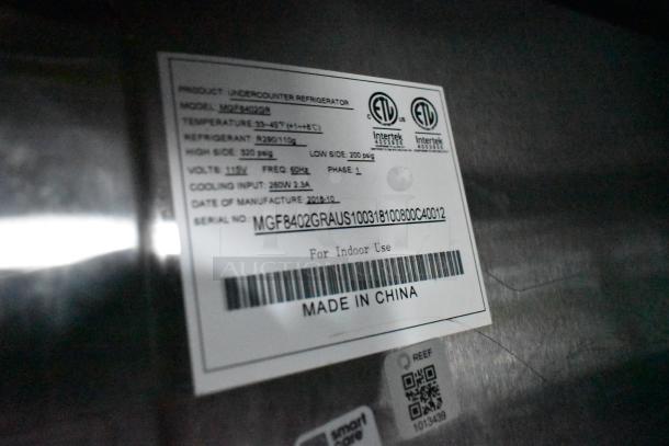 Label on undercounter refrigerator model MGF8402GR; includes specs like power, refrigerant, and manufacturing date.