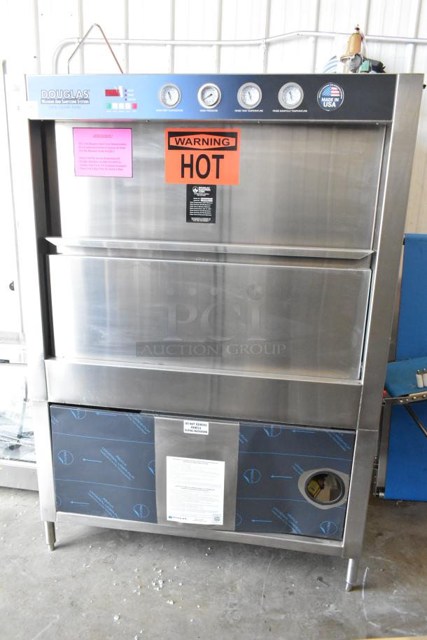 Douglas SD-20-ELEL commercial pot and pan washer, stainless steel, front load, temperature gauges, warning labels, used condition.