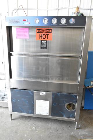 Douglas SD-20-ELEL commercial pot and pan washer, stainless steel, front load, temperature gauges, warning labels, used condition.