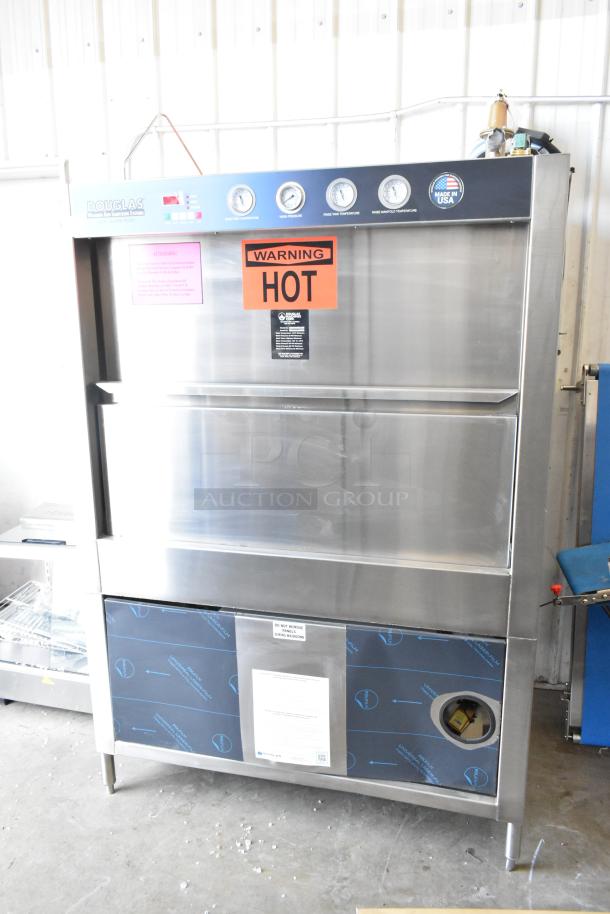 Douglas SD-20-ELEL commercial front load pot and pan washer, stainless steel, model SD-20-ELEL, with pressure gauges and "Warning Hot" sign.