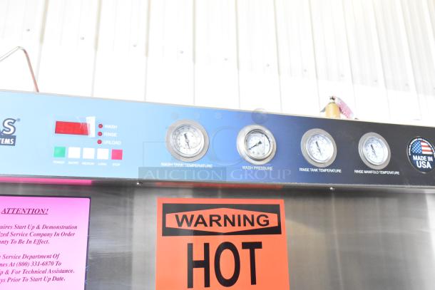 Douglas SD-20-ELEL pot and pan washer controls; gauges for temperature, pressure, and warning labels visible. Made in USA.