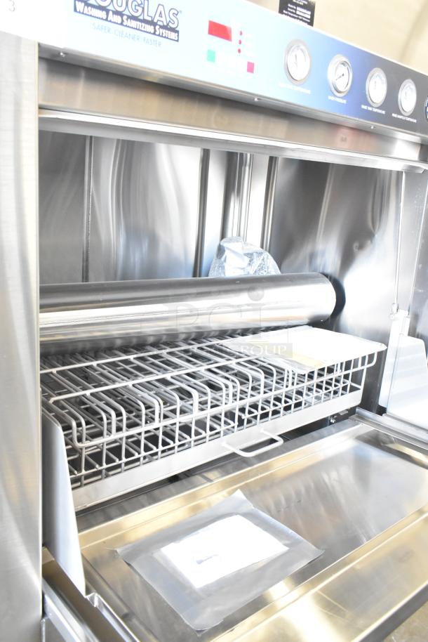 Douglas SD-20-ELEL commercial front load pot and pan washer, stainless steel, excellent condition, visible control panel and interior rack.