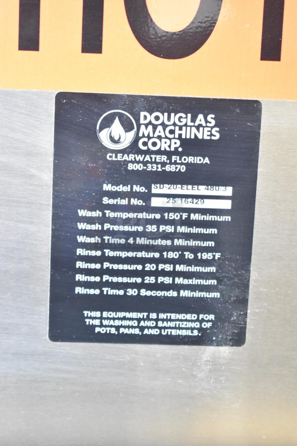 Douglas SD-20-ELEL commercial pot and pan washer label showing model and serial numbers, wash and rinse specifications.