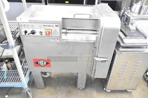 Treif Felix 100-CE industrial food dicer, floor style, 800kg/hr, 208/250V, 3-phase. Features control panel and Treif branding.