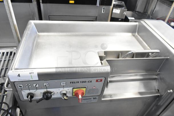 Treif Felix 100-CE industrial food dicer, 800kg/hour, 208/250V, 3-phase. Features control panel, lever, and label with model info.