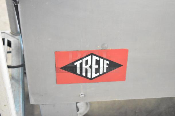 Treif Felix 100-CE industrial food dicer, 800kg/hour capacity, 208/250V, 3-phase. Visible Treif logo on the stainless steel body.