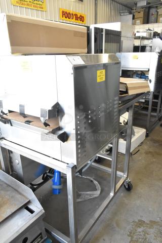 Belshaw Adamatic TG-50 stainless steel thermoglazing station, floor style, on commercial casters, 208V, 1 phase.