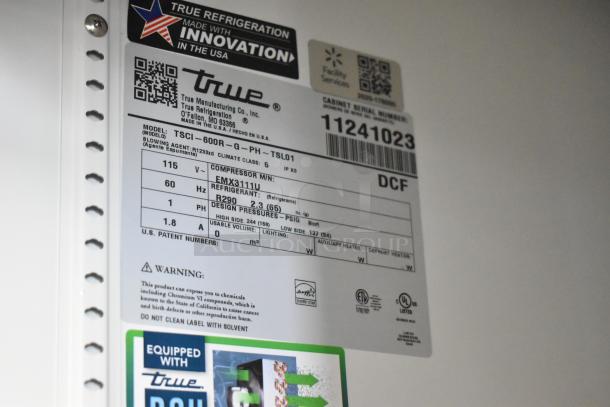 Brand new 2025 True TSCI-600R-G-PH cooler label. 115V, 1 Phase, R290 refrigerant. Scratch and dent condition.