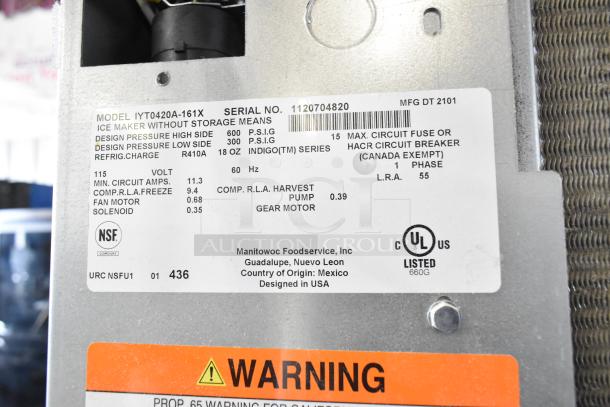 2021 Manitowoc IYT0420A-161X ice machine label with voltage, phase, and refrigerant details. Marks UL listed and NSF certified.